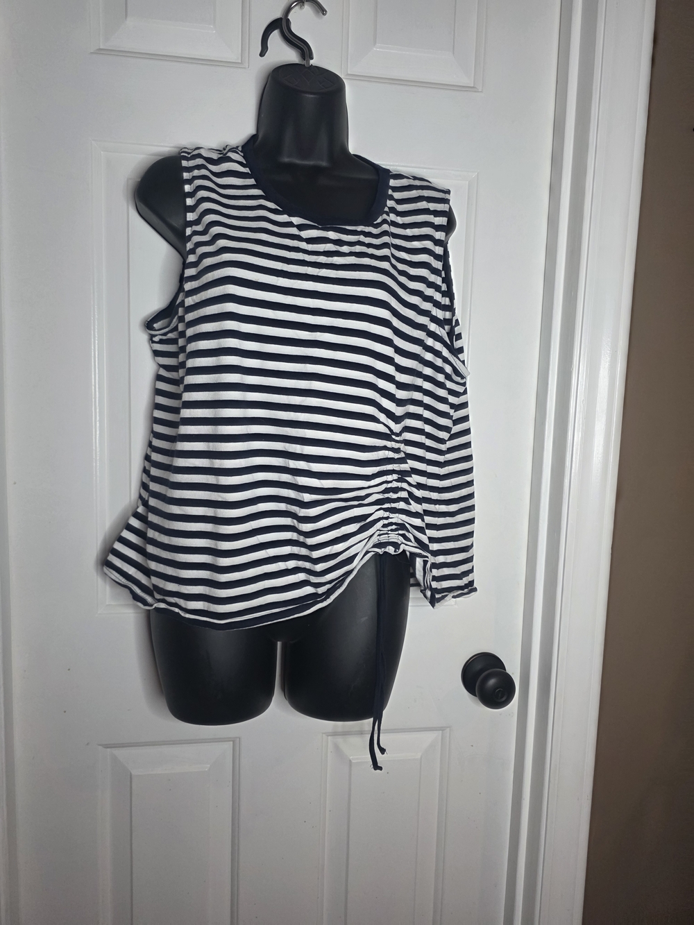 Time and Tru Navy and White Striped Sleeveless Drawstring Tank